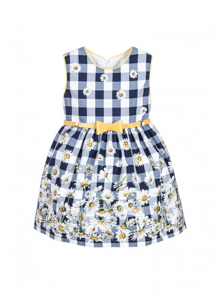 Girls Blue Check Dress with Daisies