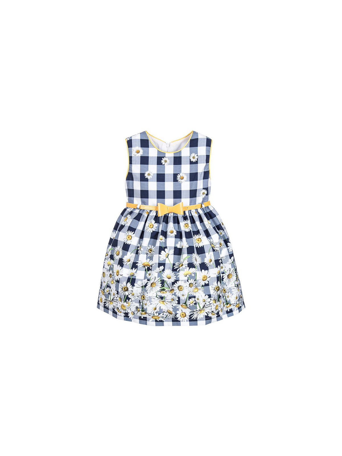 Girls Blue Check Dress with Daisies